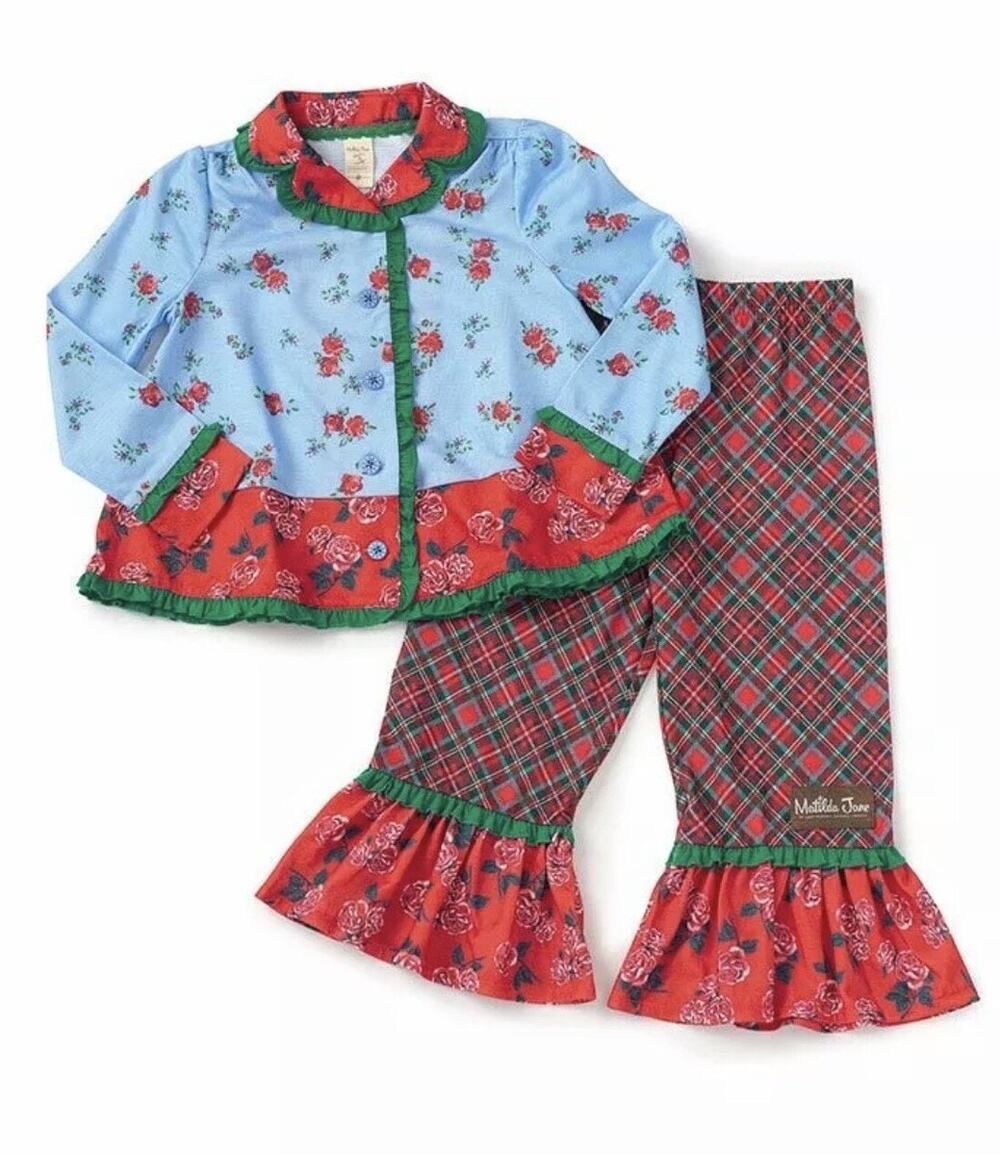 Matilda Jane Blue Red Green Plaid + Floral Flared Two Piece Pajamas 4 Christmas